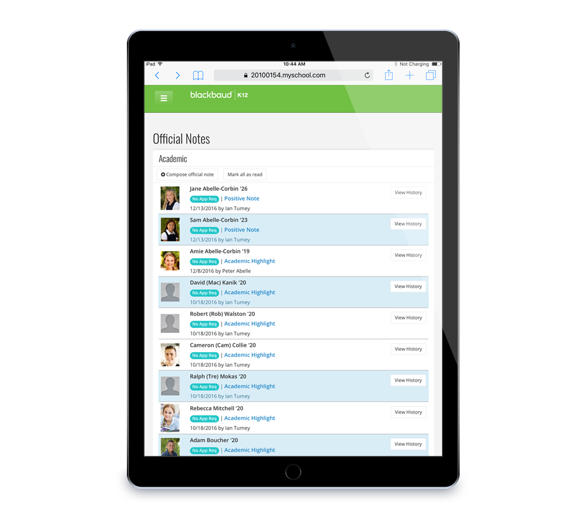 screenshot of Blackbaud Student Information System